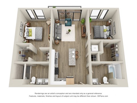Floor plan for 2 beds, 2 baths, 942 sqft